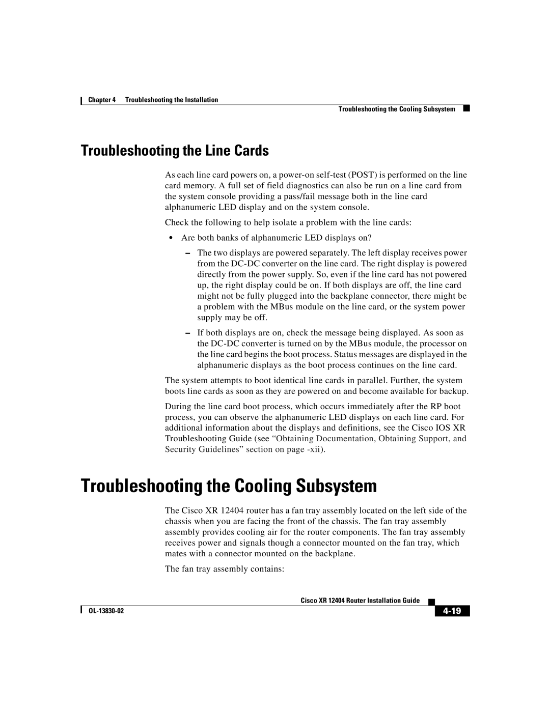 Cisco Systems XR 12404 manual Troubleshooting the Cooling Subsystem, Troubleshooting the Line Cards 