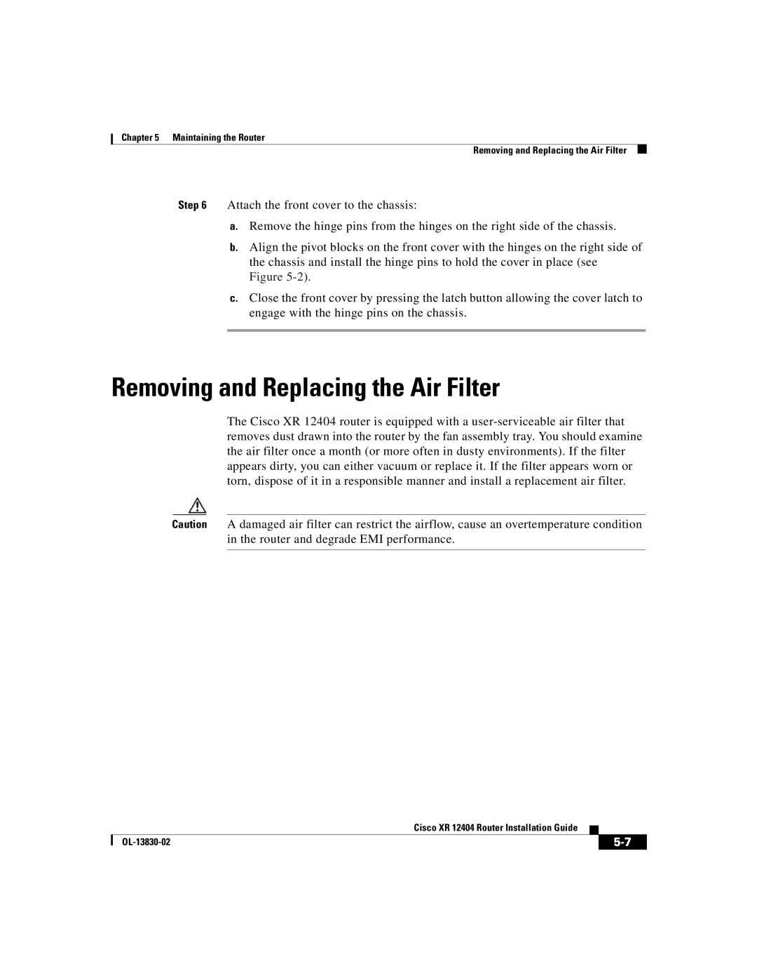 Cisco Systems XR 12404 manual Removing and Replacing the Air Filter 