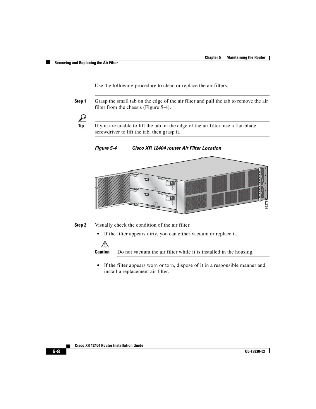 Cisco Systems manual Cisco XR 12404 router Air Filter Location 