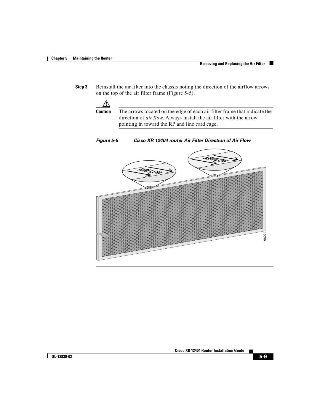 Cisco Systems manual Cisco XR 12404 router Air Filter Direction of Air Flow 