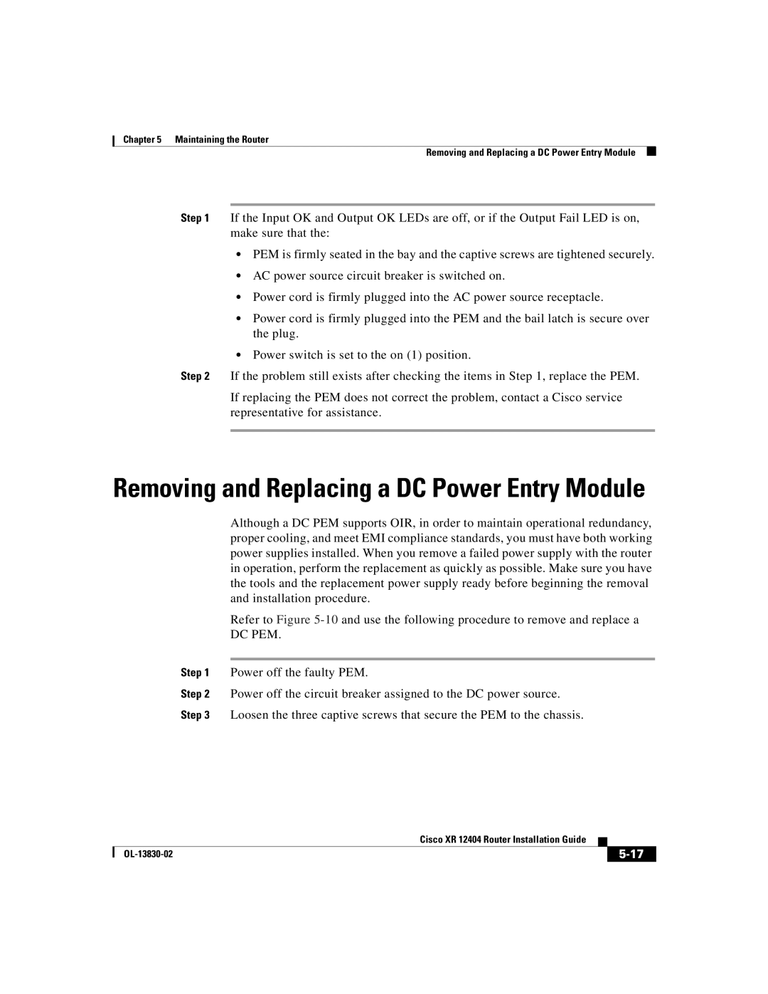 Cisco Systems XR 12404 manual Removing and Replacing a DC Power Entry Module 