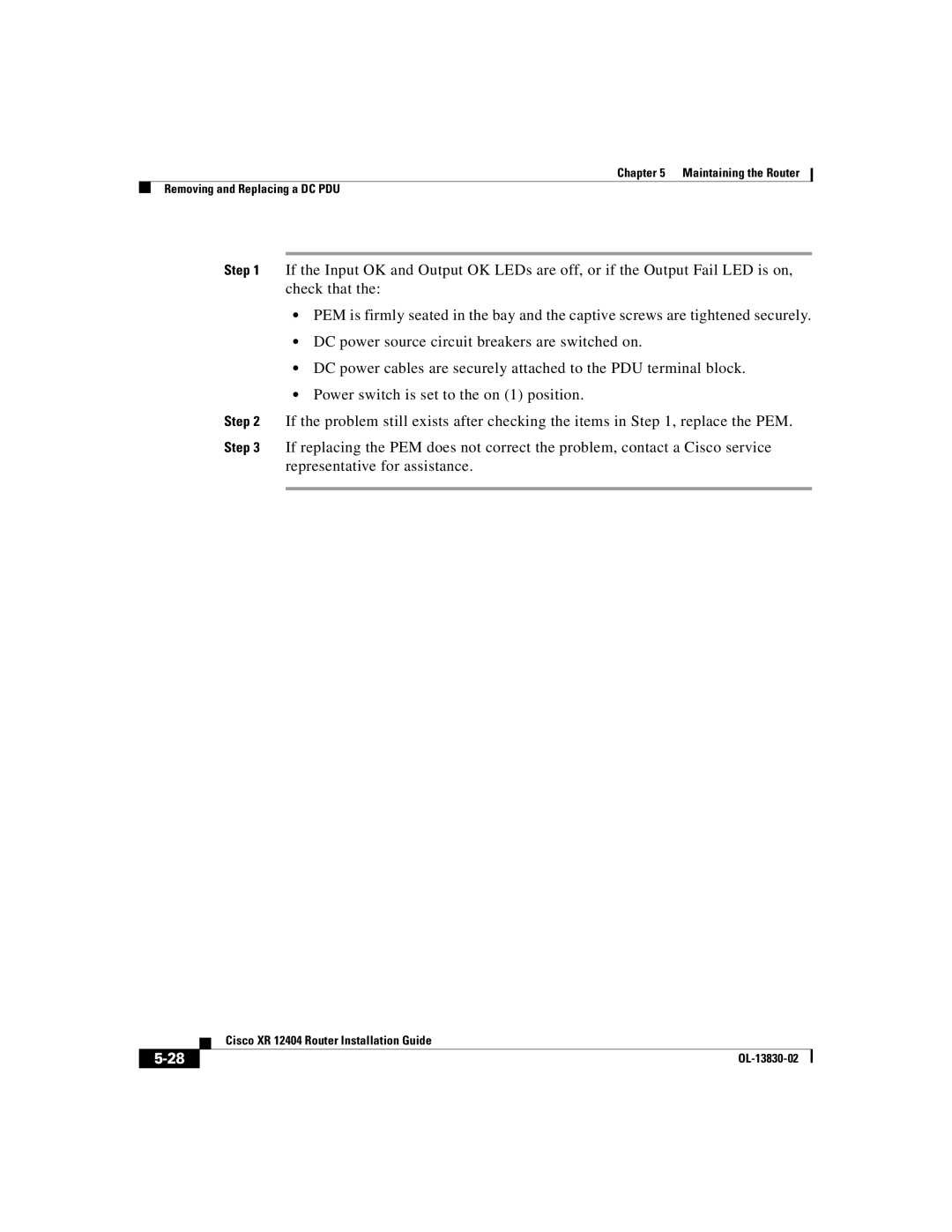 Cisco Systems XR 12404 manual Maintaining the Router Removing and Replacing a DC PDU 