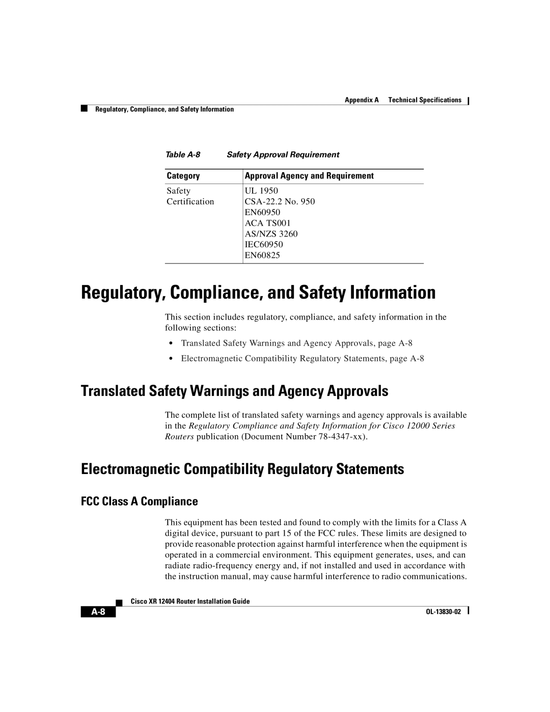 Cisco Systems XR 12404 manual Translated Safety Warnings and Agency Approvals, FCC Class a Compliance, ACA TS001 