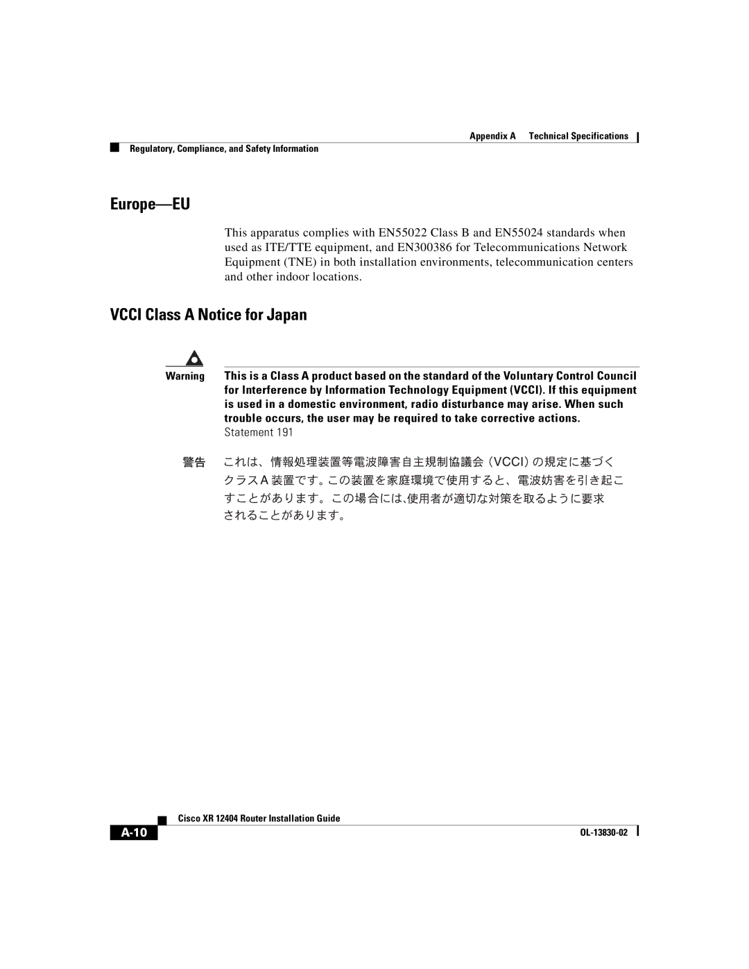 Cisco Systems XR 12404 manual Europe-EU, Vcci Class a Notice for Japan 