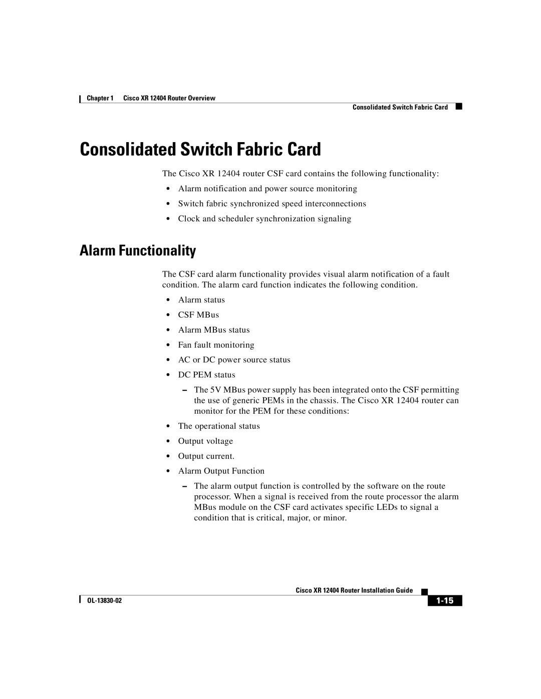 Cisco Systems XR 12404 manual Consolidated Switch Fabric Card, Alarm Functionality 