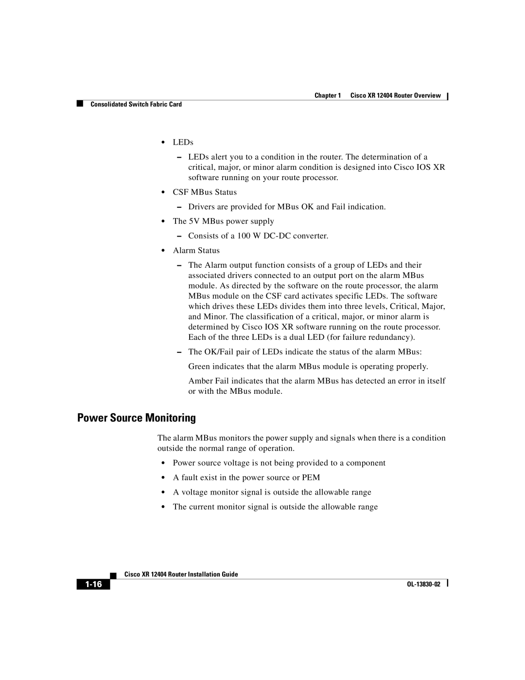 Cisco Systems XR 12404 manual Power Source Monitoring 