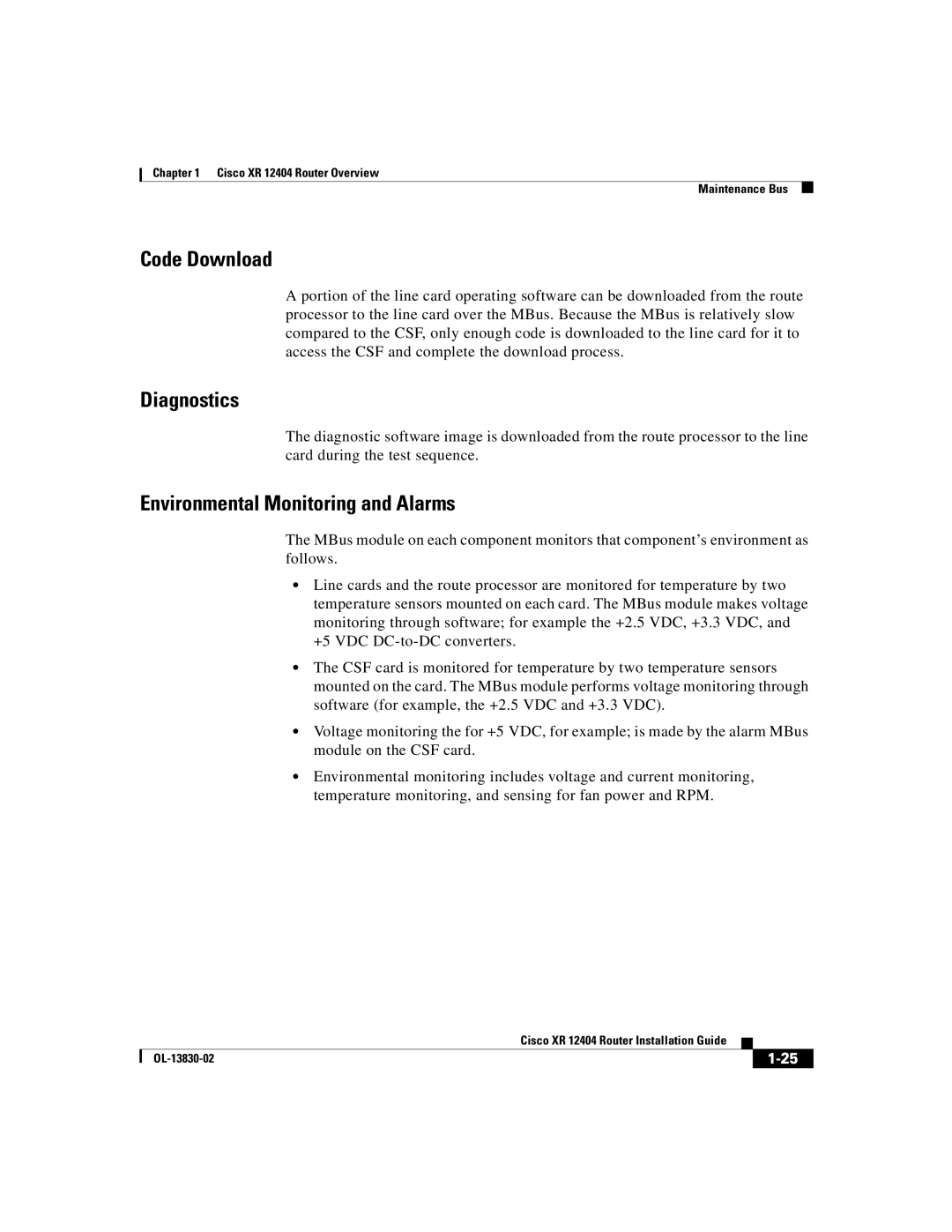 Cisco Systems XR 12404 manual Code Download, Diagnostics, Environmental Monitoring and Alarms 