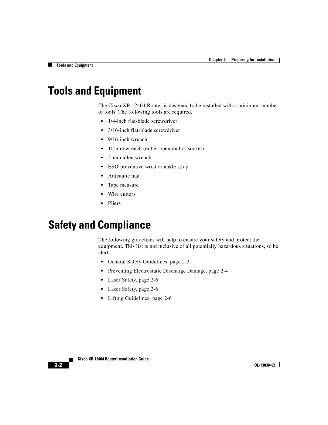 Cisco Systems XR 12404 manual Tools and Equipment, Safety and Compliance 