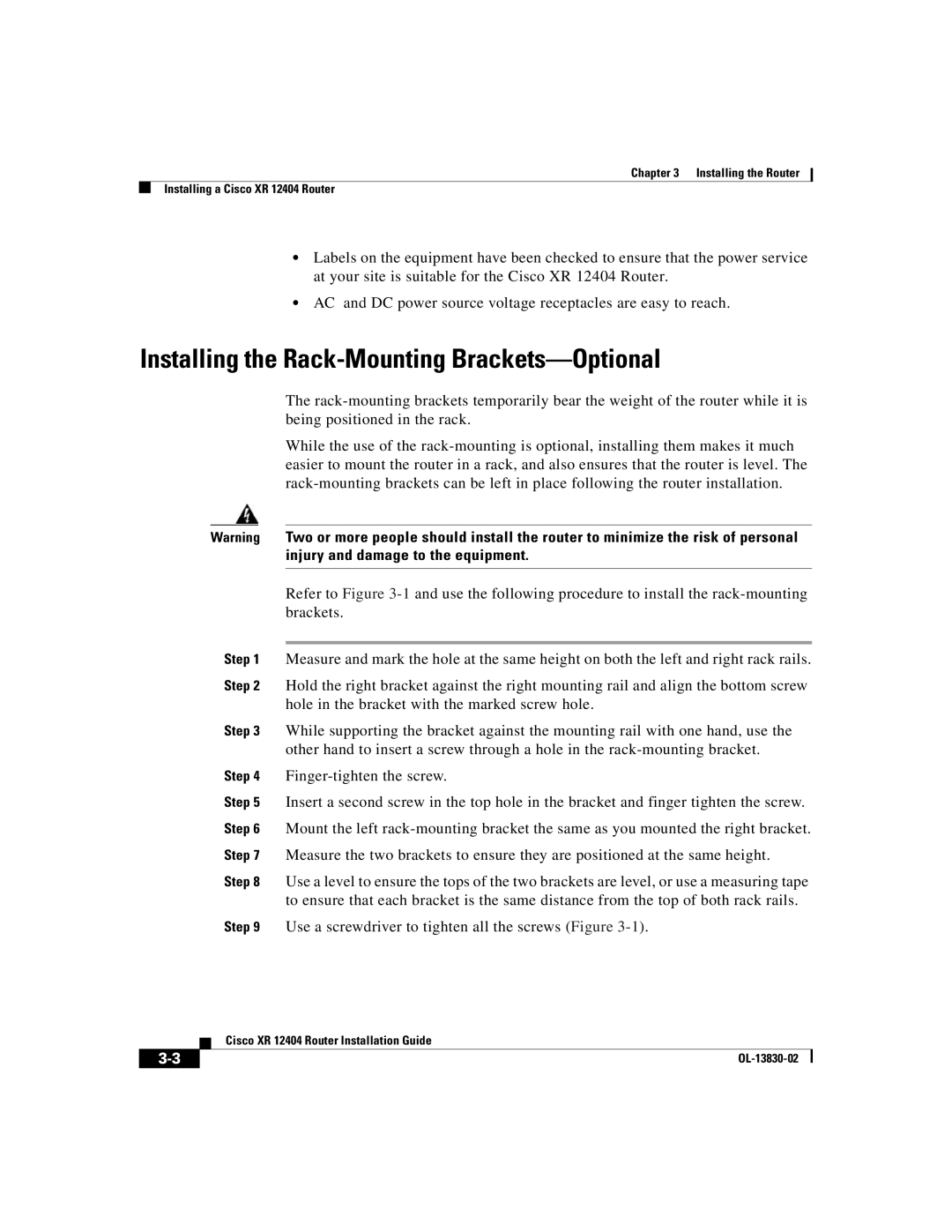 Cisco Systems XR 12404 manual Installing the Rack-Mounting Brackets-Optional 