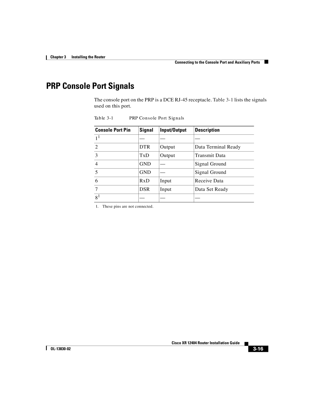 Cisco Systems XR 12404 manual PRP Console Port Signals, Console Port Pin Signal Input/Output Description, Dtr, Gnd, Dsr 