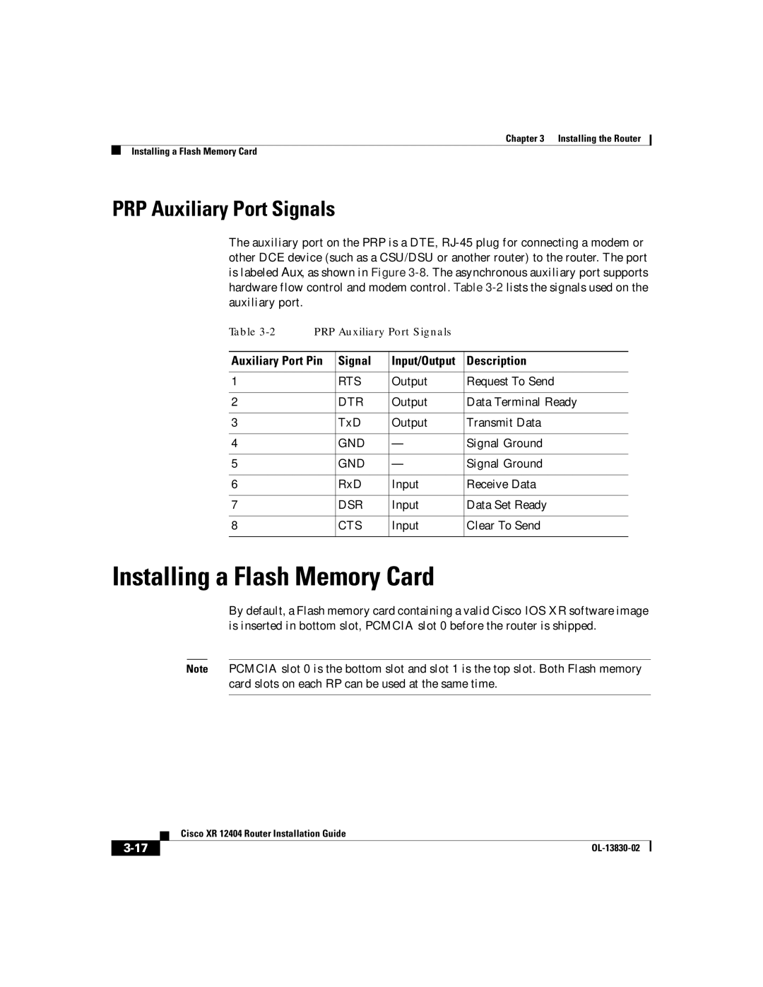 Cisco Systems XR 12404 Installing a Flash Memory Card, PRP Auxiliary Port Signals, Signal Input/Output Description, Rts 