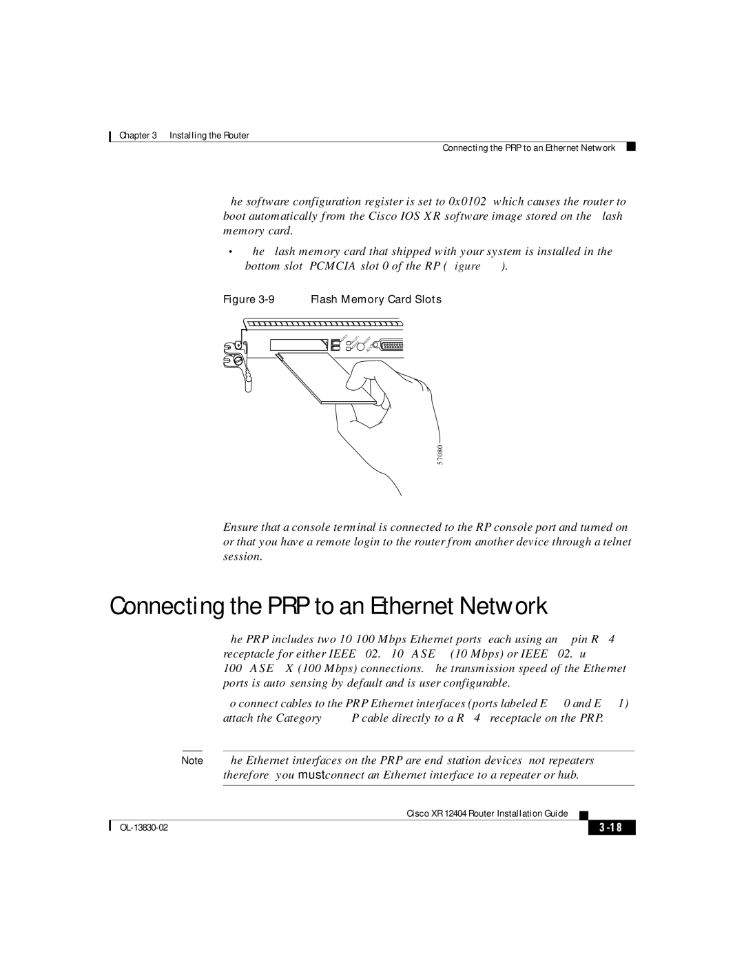 Cisco Systems XR 12404 manual Connecting the PRP to an Ethernet Network, Flash Memory Card Slots 