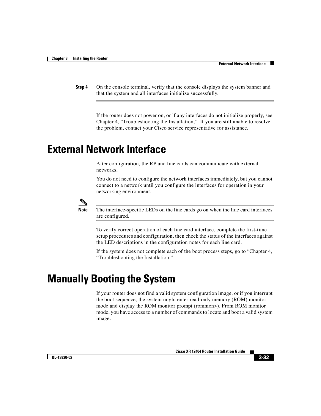 Cisco Systems XR 12404 manual External Network Interface, Manually Booting the System 