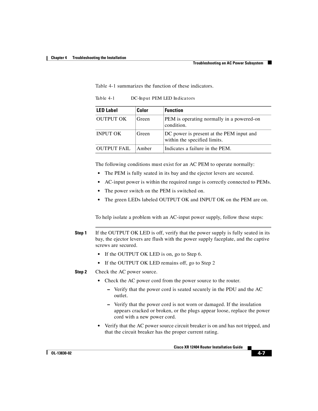 Cisco Systems XR 12404 manual Output OK, Input OK, Output Fail 