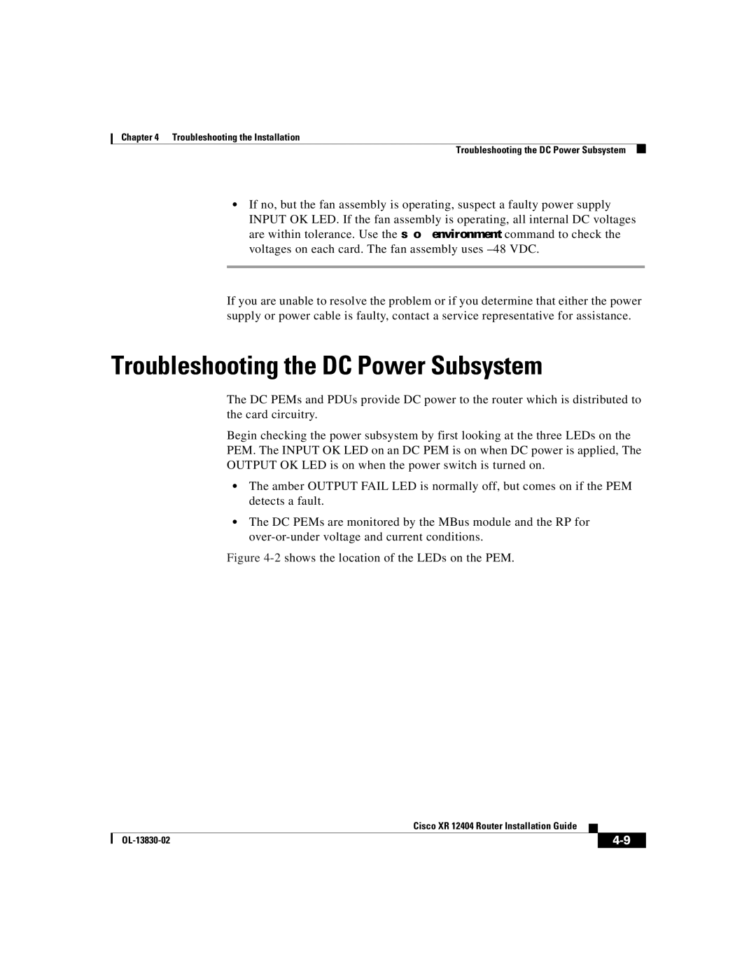 Cisco Systems XR 12404 manual Troubleshooting the DC Power Subsystem, 2shows the location of the LEDs on the PEM 