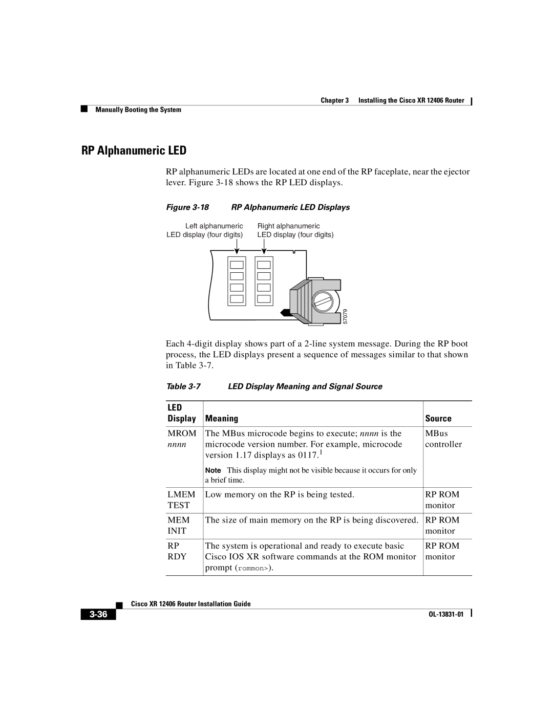 Cisco Systems XR 12406 manual RP Alphanumeric LED, Display Meaning Source 