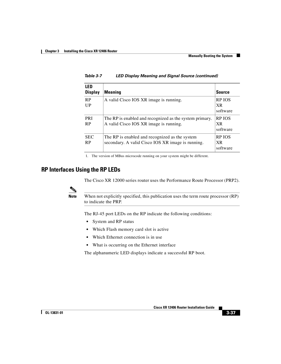 Cisco Systems XR 12406 manual RP Interfaces Using the RP LEDs, Rp Ios, Pri, Sec 