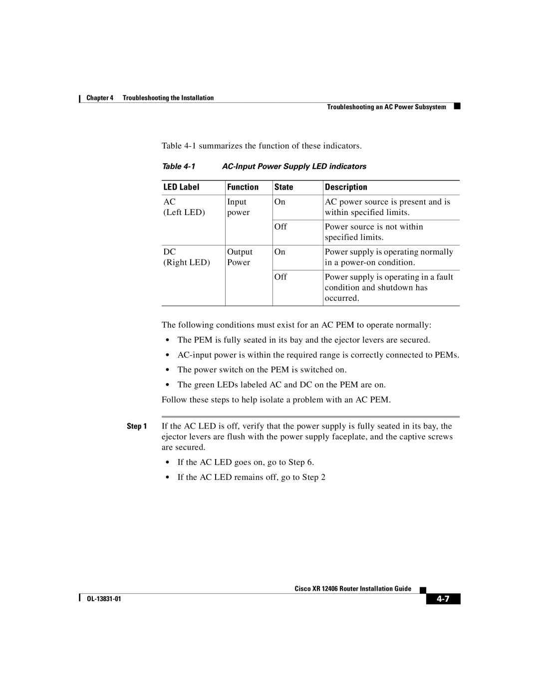 Cisco Systems XR 12406 manual Summarizes the function of these indicators, LED Label Function State Description 