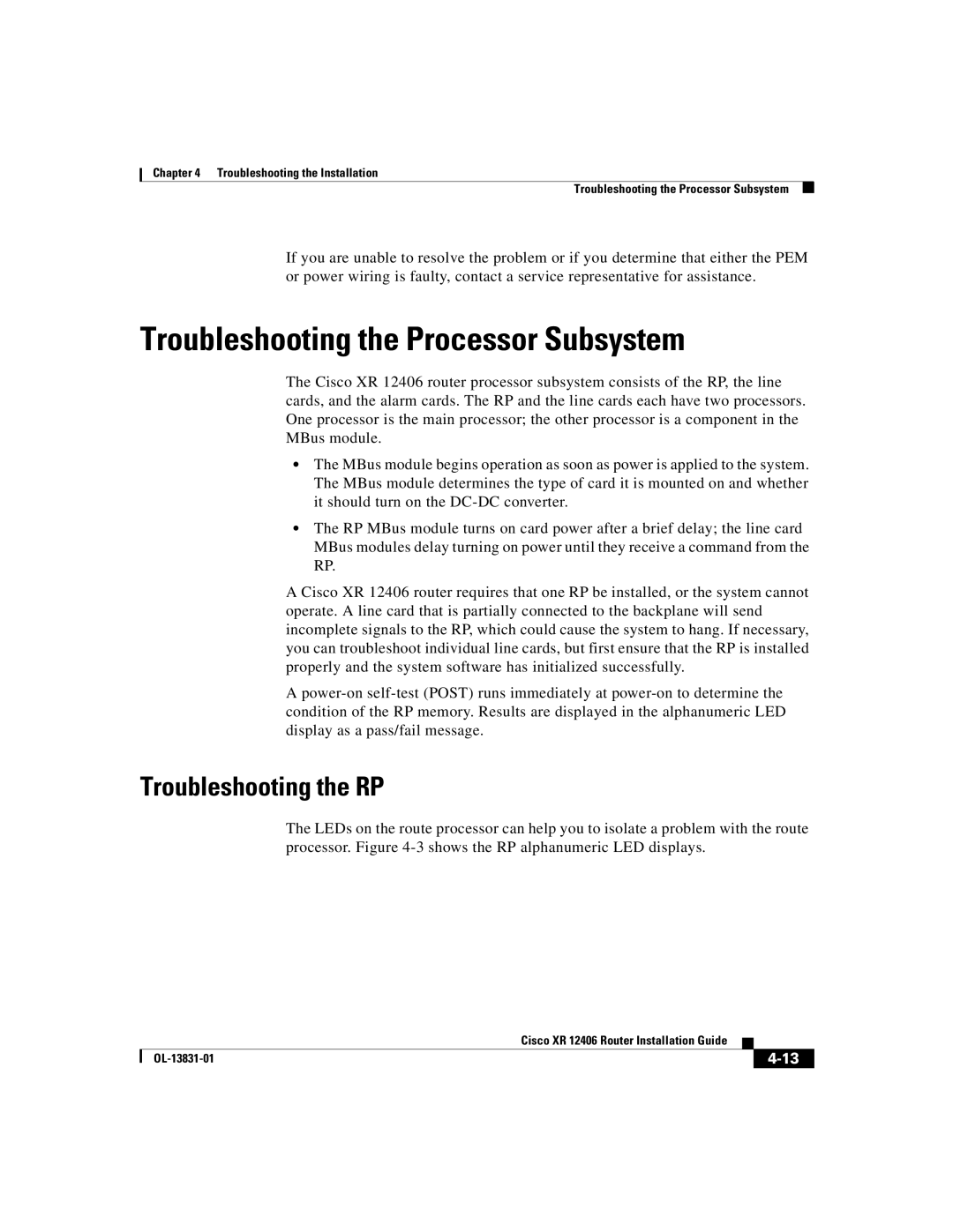 Cisco Systems XR 12406 manual Troubleshooting the Processor Subsystem, Troubleshooting the RP 