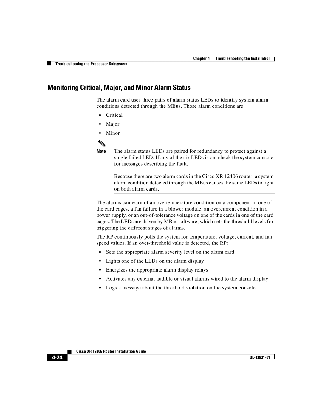 Cisco Systems XR 12406 manual Monitoring Critical, Major, and Minor Alarm Status 