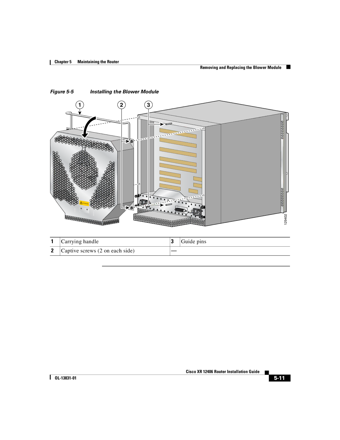 Cisco Systems XR 12406 manual Carrying handle Guide pins Captive screws 2 on each side, Installing the Blower Module 