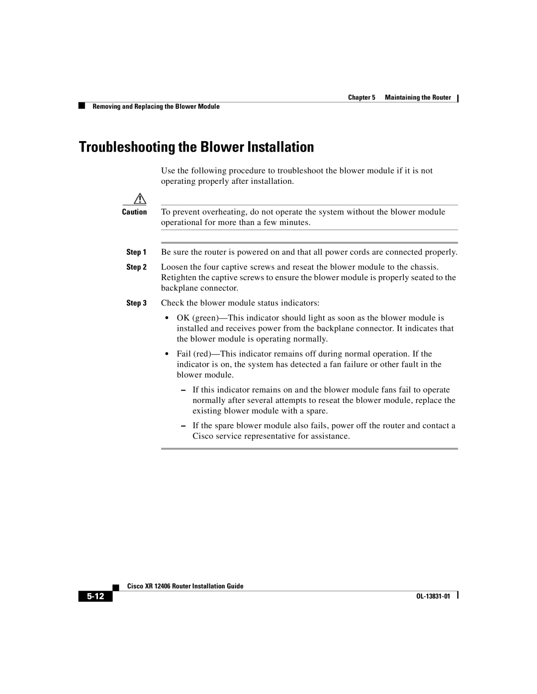 Cisco Systems XR 12406 manual Troubleshooting the Blower Installation 