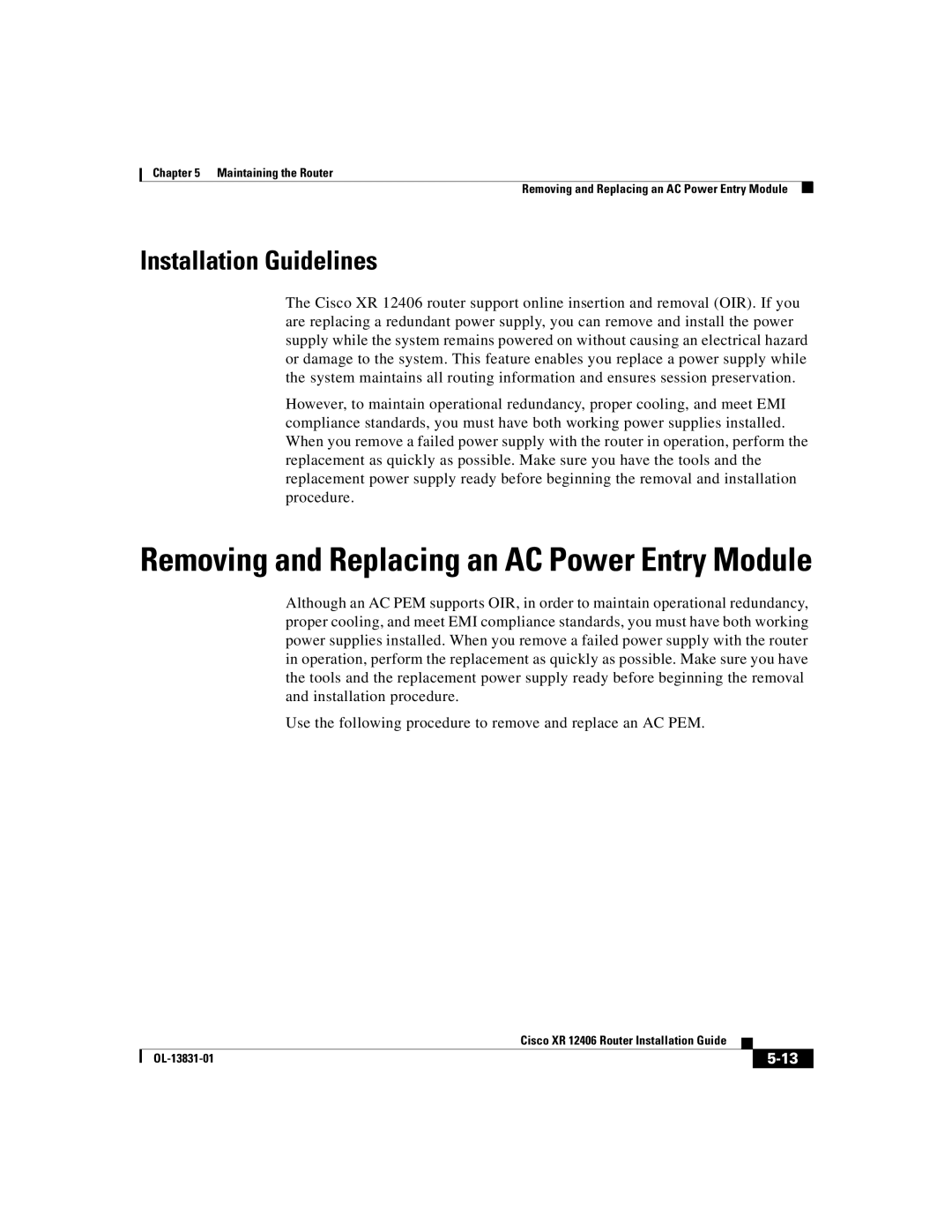 Cisco Systems XR 12406 manual Removing and Replacing an AC Power Entry Module, Installation Guidelines 