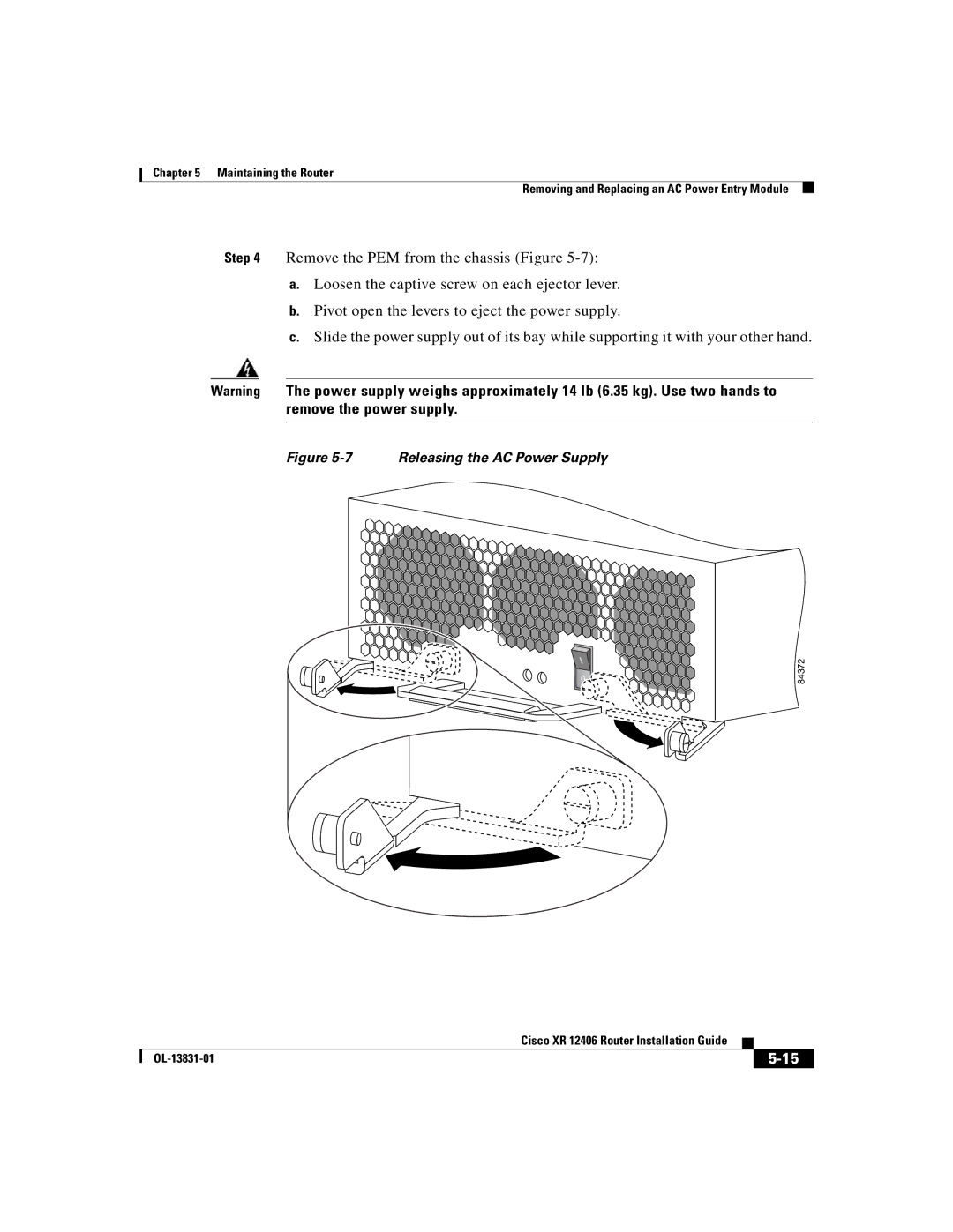 Cisco Systems XR 12406 manual Releasing the AC Power Supply 