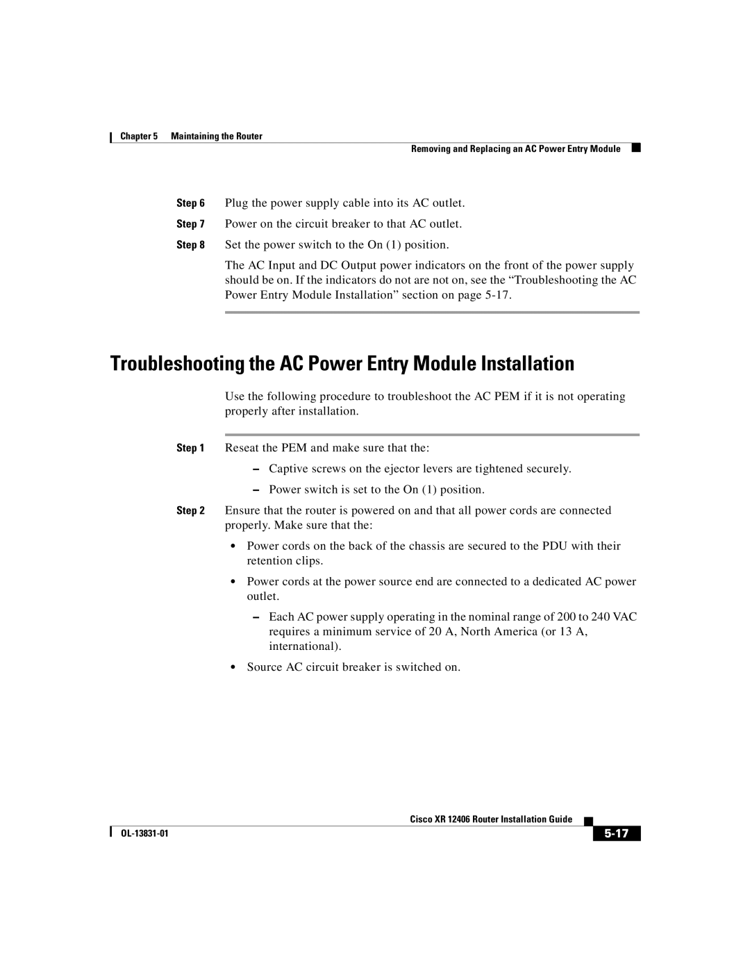 Cisco Systems XR 12406 manual Troubleshooting the AC Power Entry Module Installation 