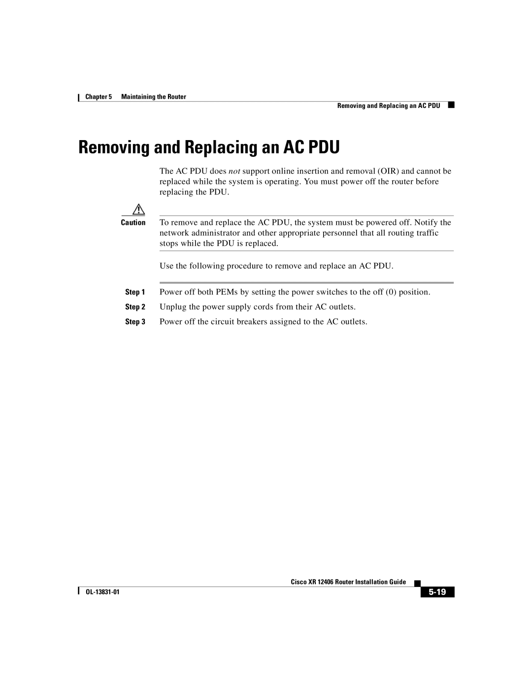 Cisco Systems XR 12406 manual Removing and Replacing an AC PDU 