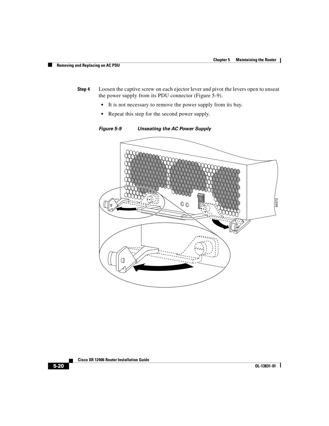 Cisco Systems XR 12406 manual Unseating the AC Power Supply 