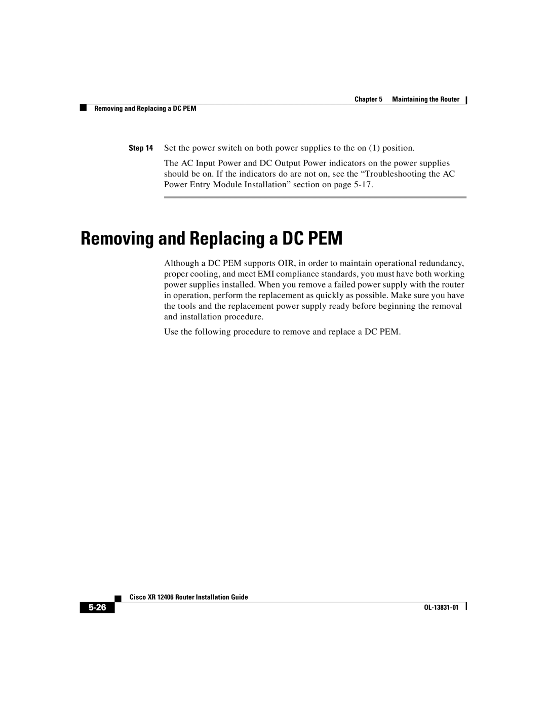 Cisco Systems XR 12406 manual Removing and Replacing a DC PEM 