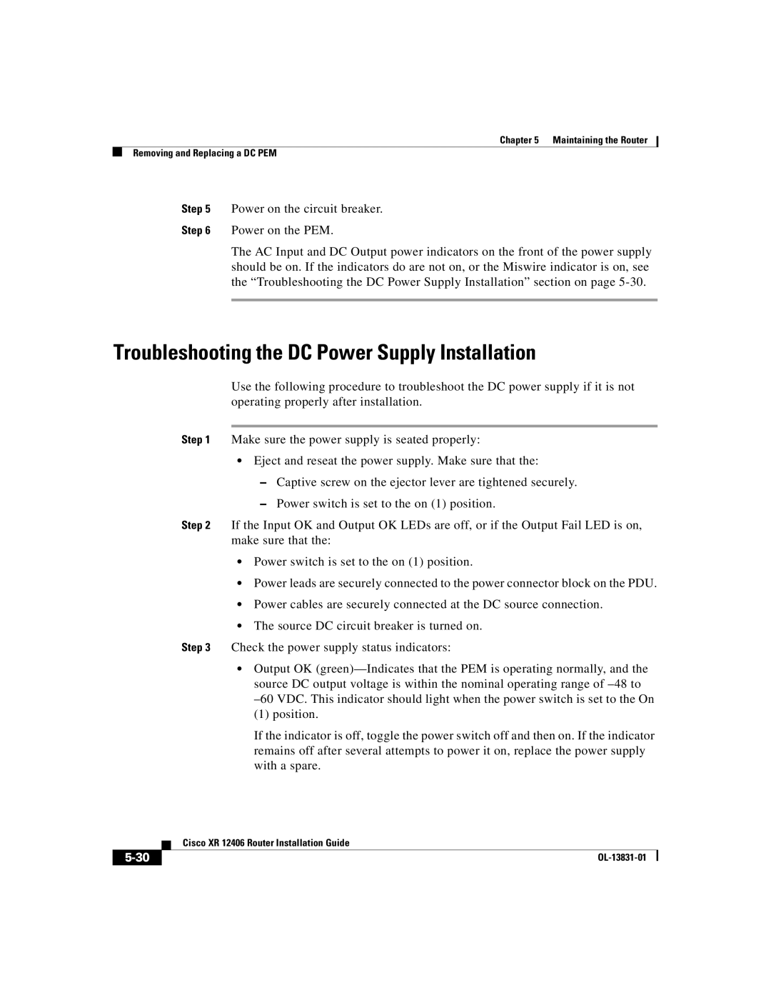 Cisco Systems XR 12406 manual Troubleshooting the DC Power Supply Installation 