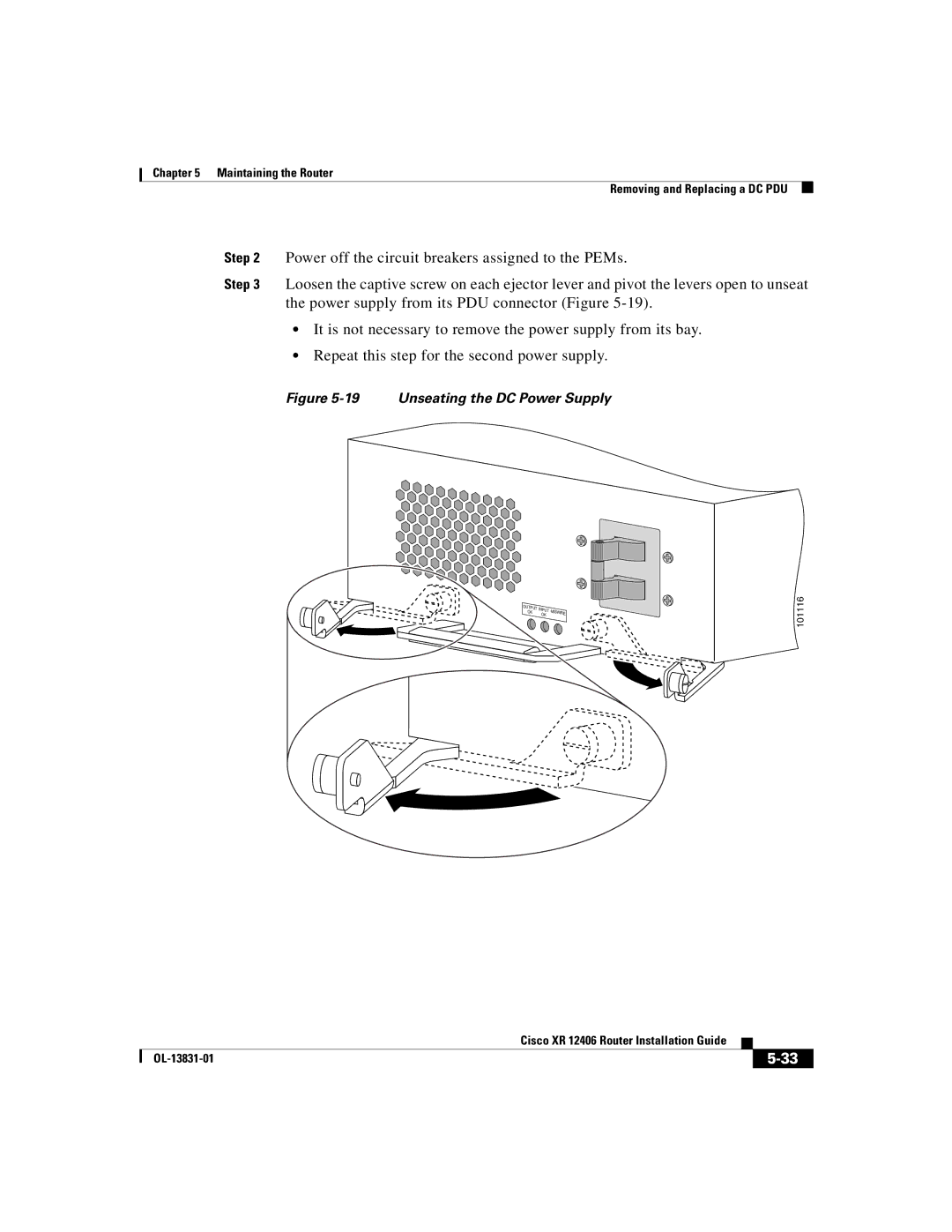 Cisco Systems XR 12406 manual Unseating the DC Power Supply 