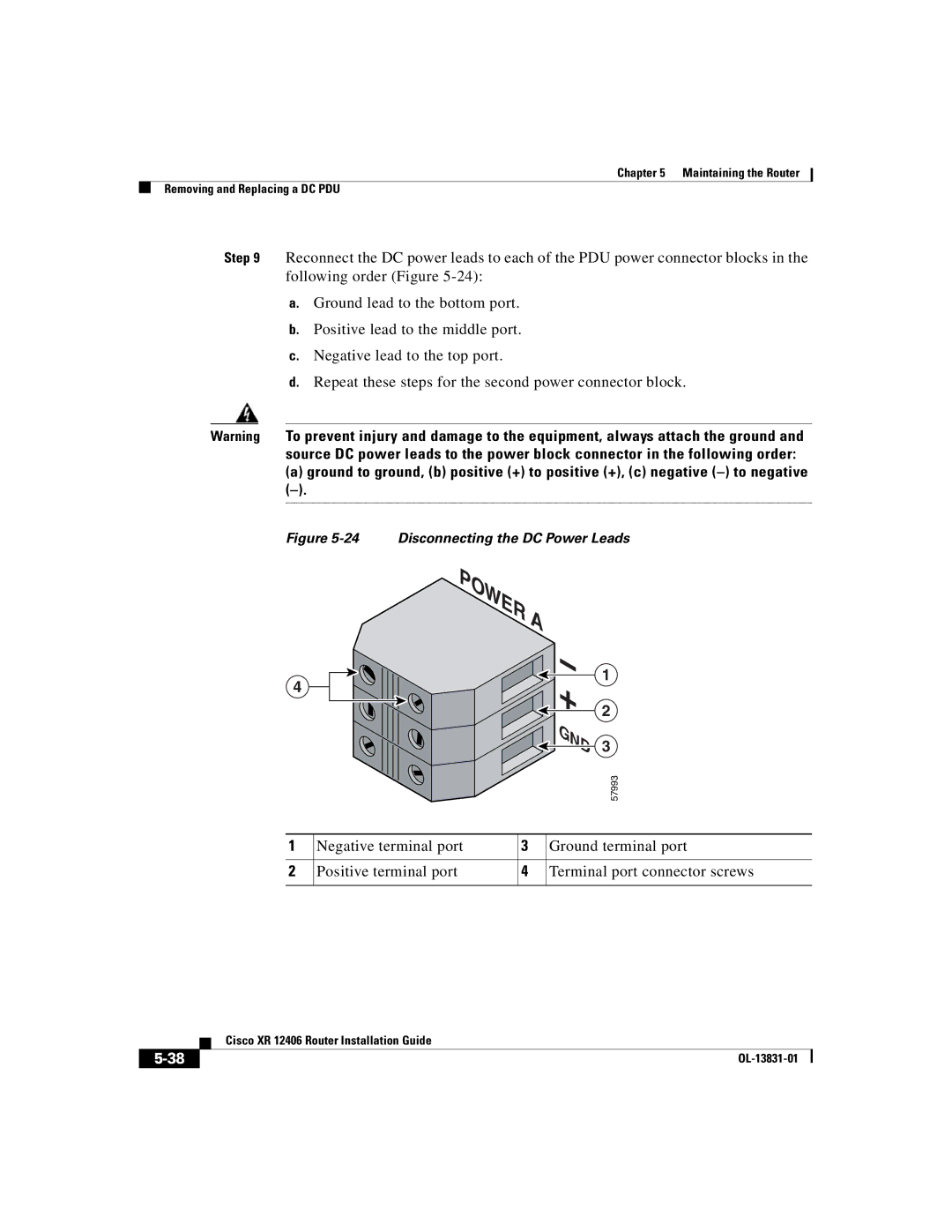 Cisco Systems XR 12406 manual Disconnecting the DC Power Leads 