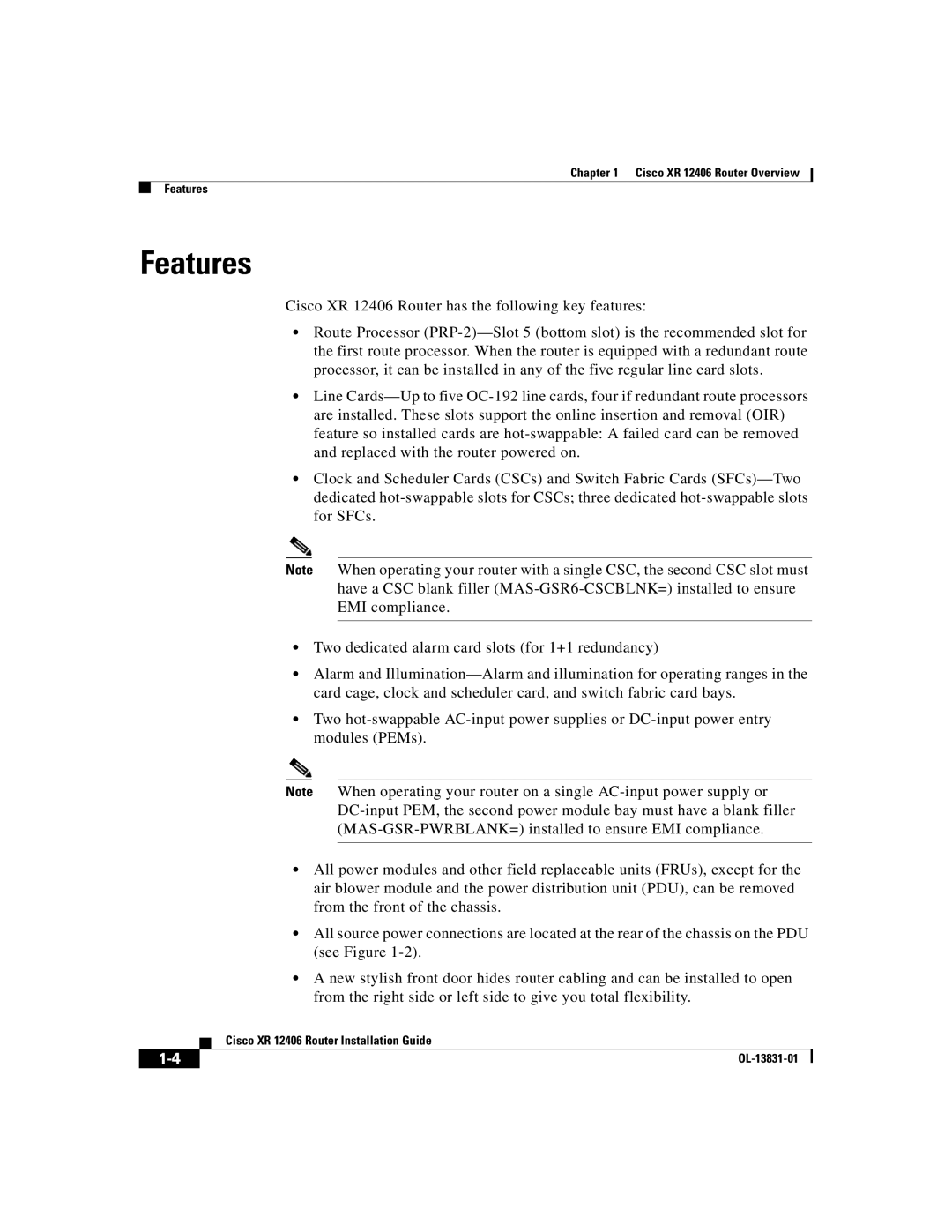 Cisco Systems XR 12406 manual Features 