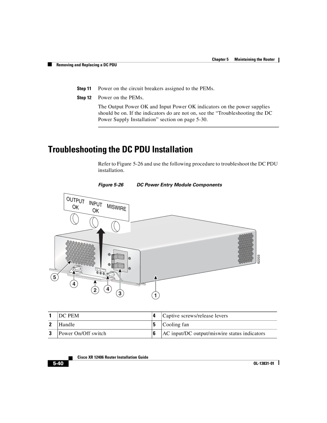 Cisco Systems XR 12406 manual Troubleshooting the DC PDU Installation, DC Power Entry Module Components 