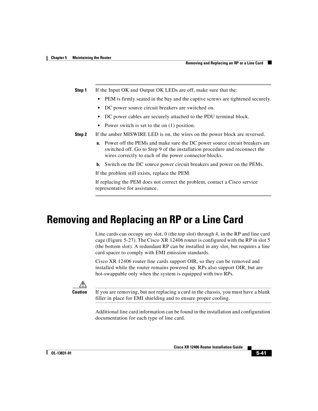 Cisco Systems XR 12406 manual Removing and Replacing an RP or a Line Card 