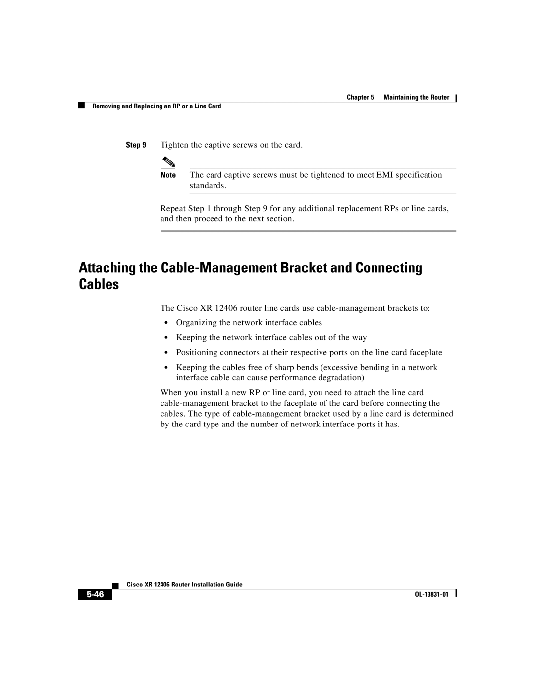 Cisco Systems XR 12406 manual Attaching the Cable-Management Bracket and Connecting Cables 