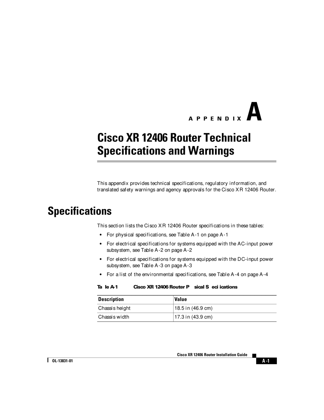 Cisco Systems XR 12406 manual Specifications, Description Value 