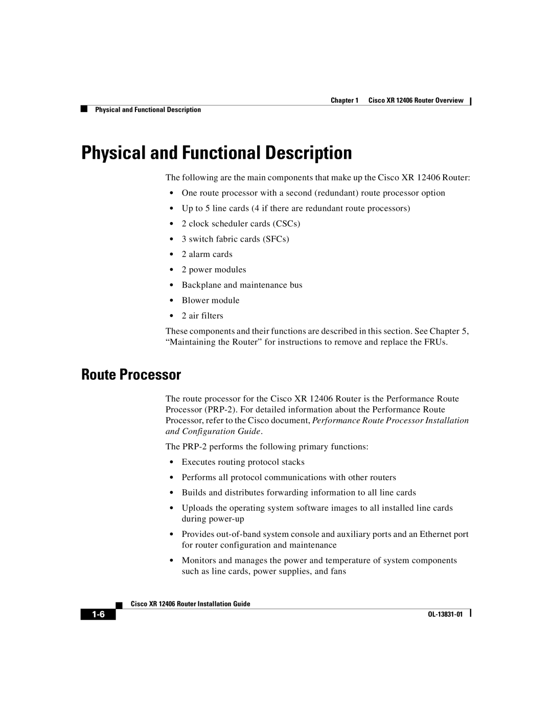 Cisco Systems XR 12406 manual Physical and Functional Description, Route Processor 