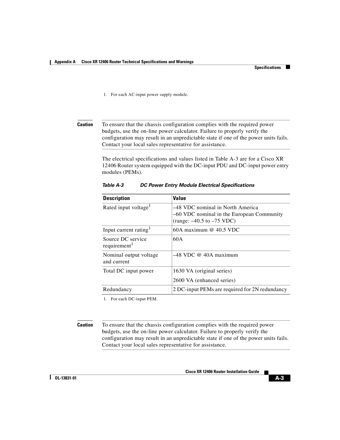 Cisco Systems XR 12406 manual Table A-3 DC Power Entry Module Electrical Specifications 