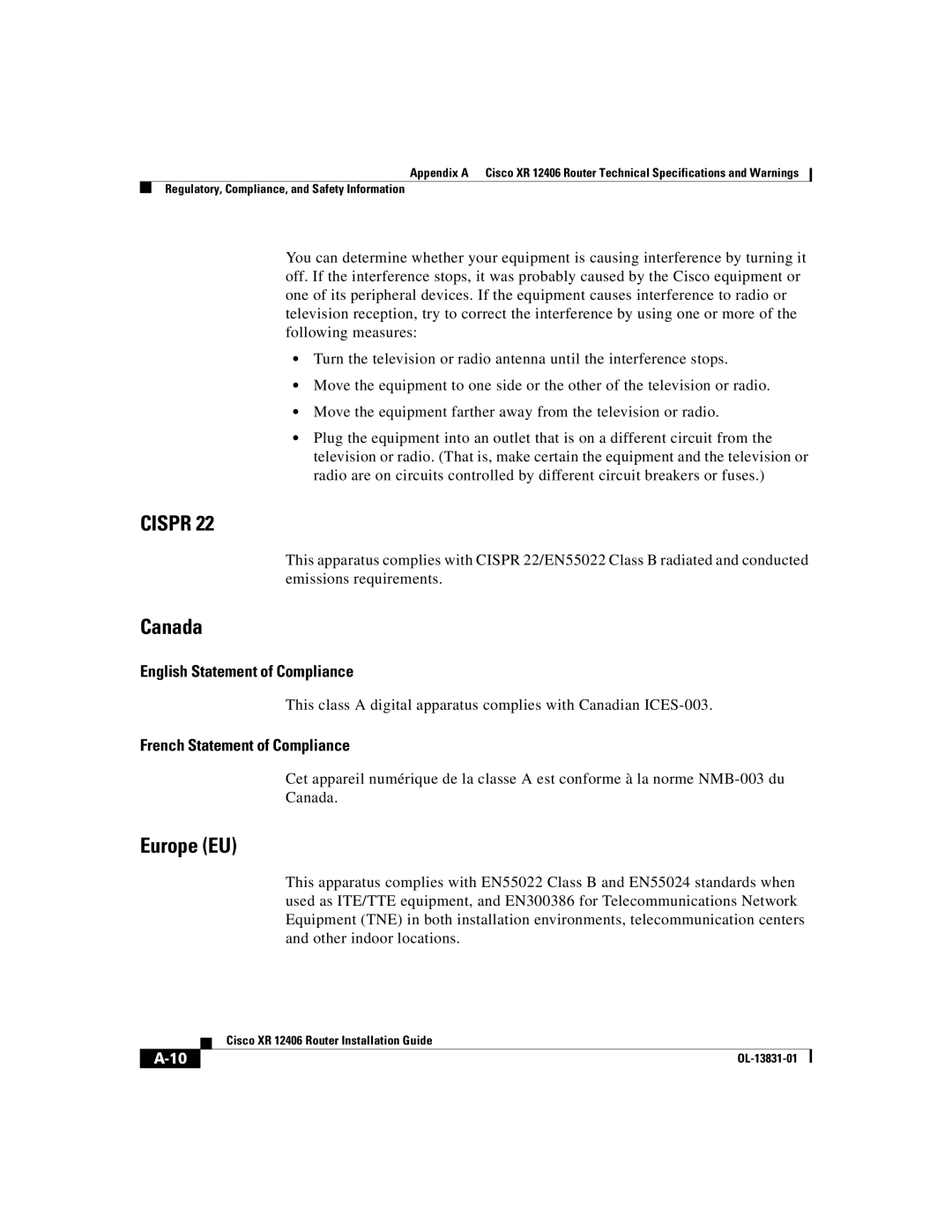 Cisco Systems XR 12406 manual Canada, Europe EU 