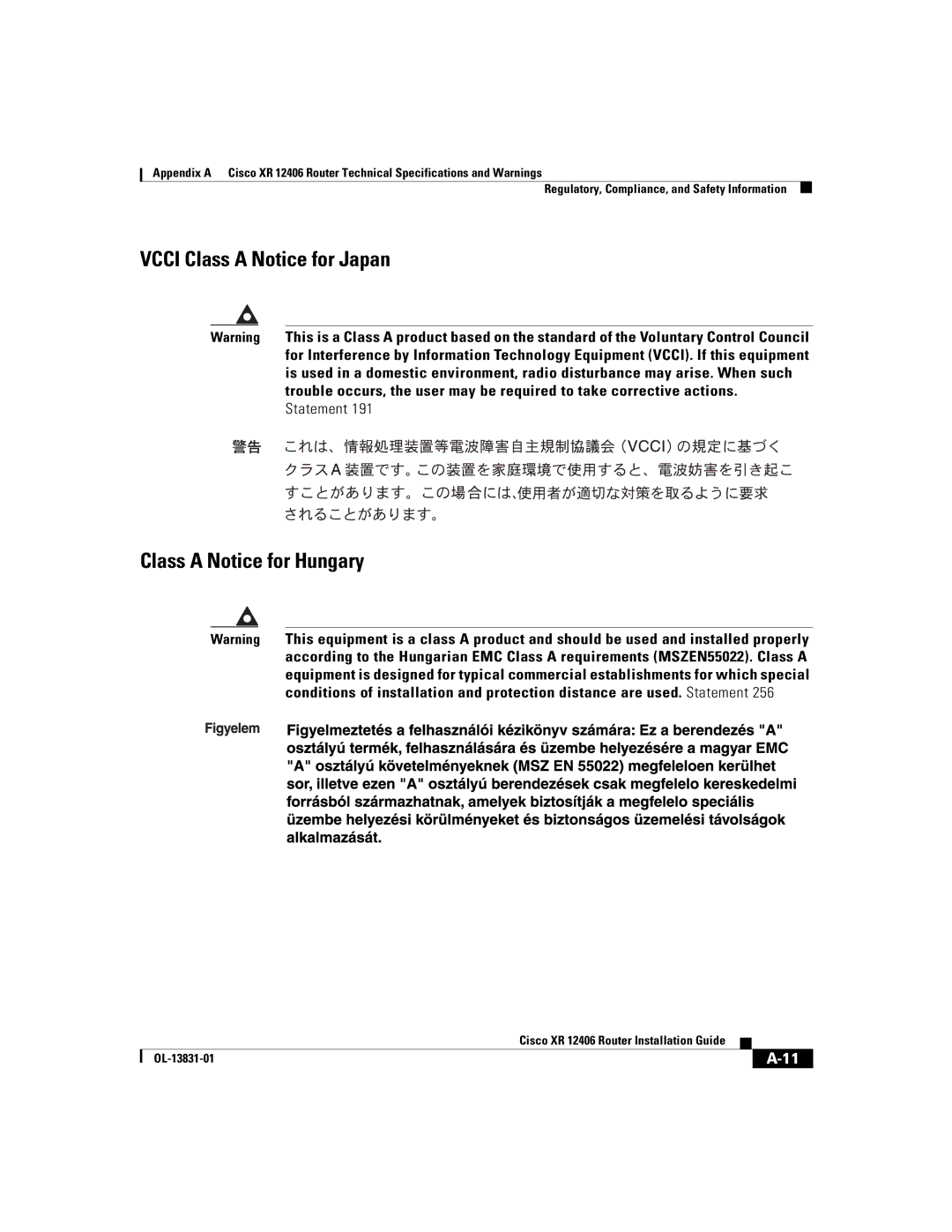 Cisco Systems XR 12406 manual Vcci Class a Notice for Japan, Class a Notice for Hungary 