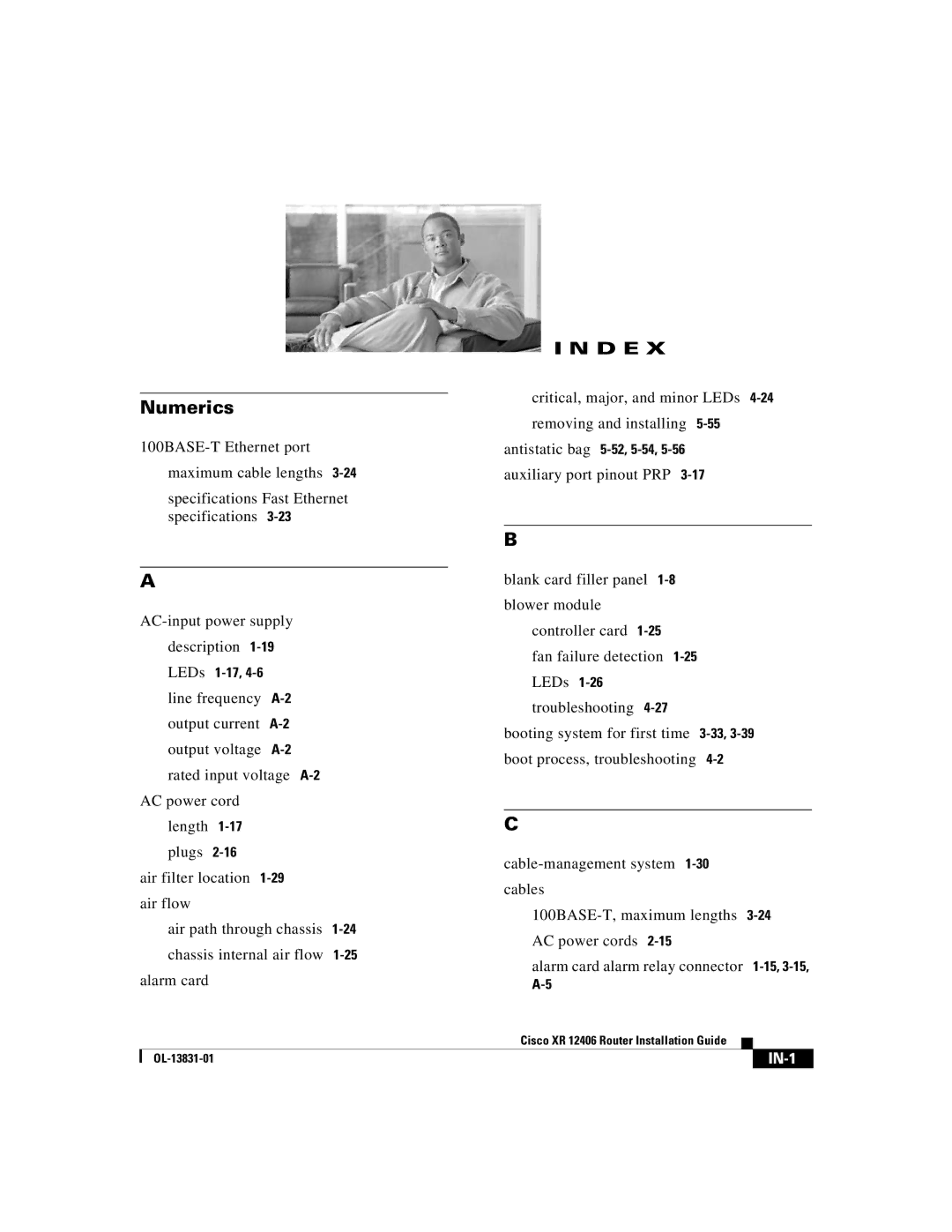 Cisco Systems XR 12406 manual Numerics, Critical, major, and minor LEDs 4-24removing and installing 