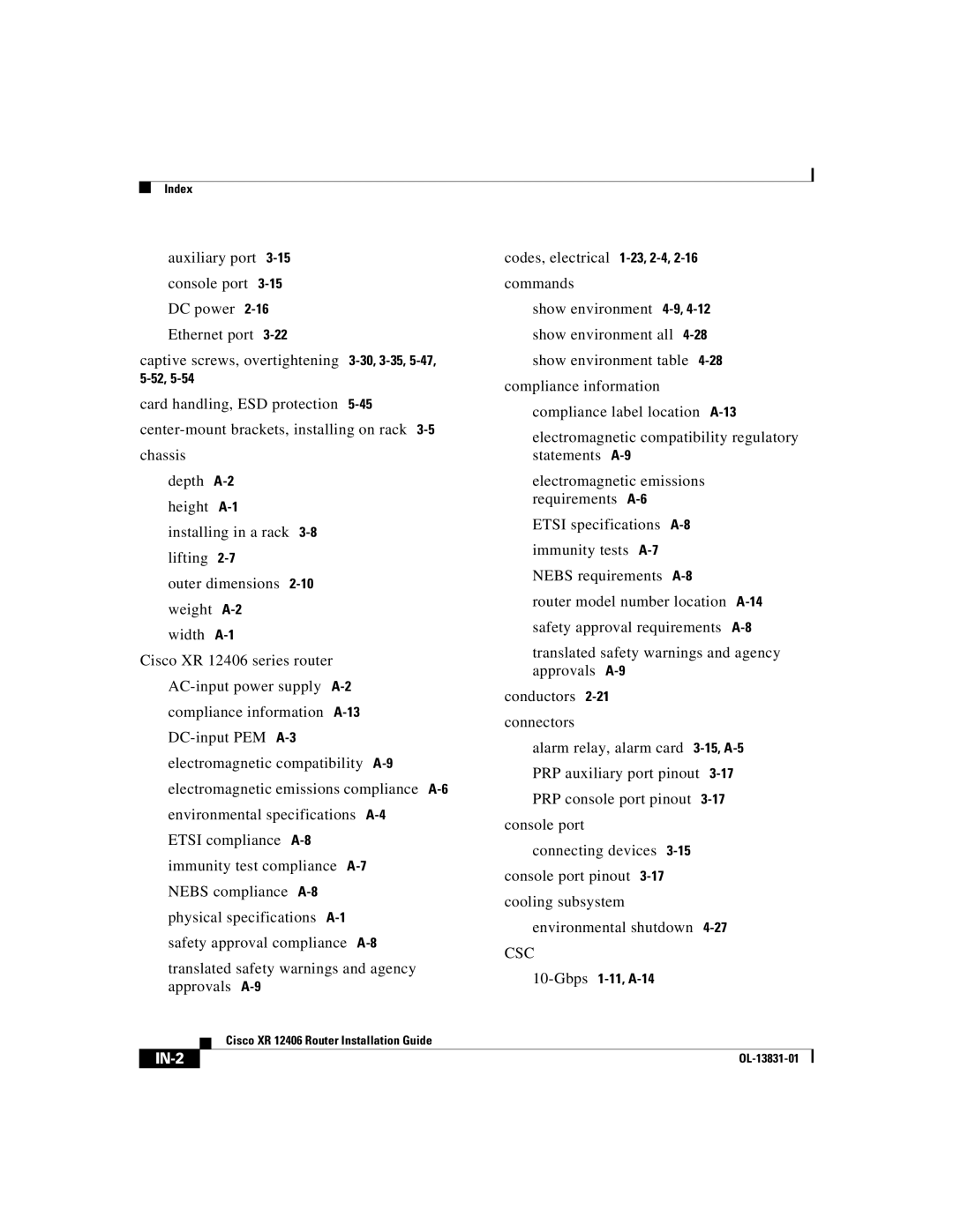 Cisco Systems XR 12406 manual Csc, IN-2 