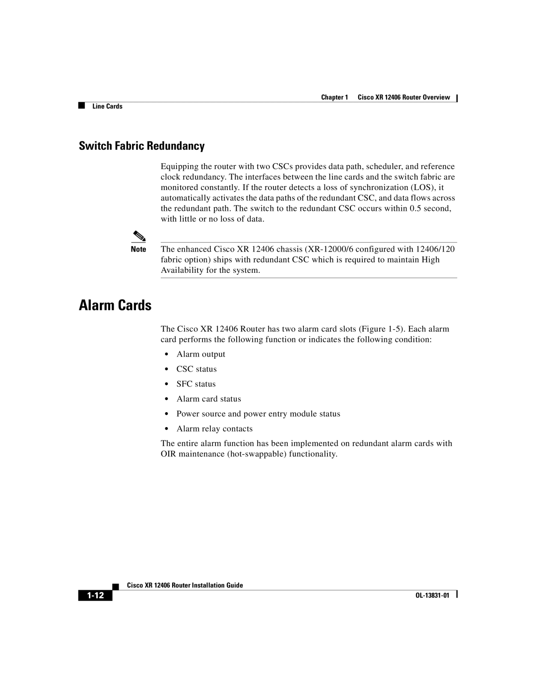 Cisco Systems XR 12406 manual Alarm Cards, Switch Fabric Redundancy 