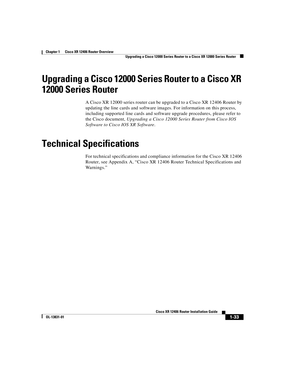 Cisco Systems XR 12406 manual Technical Specifications 