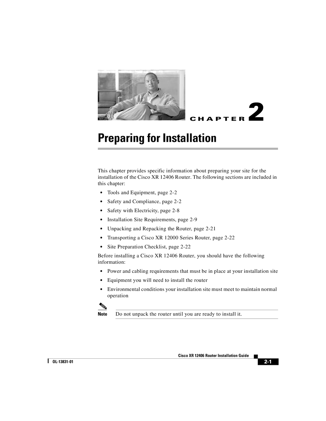 Cisco Systems XR 12406 manual Preparing for Installation 