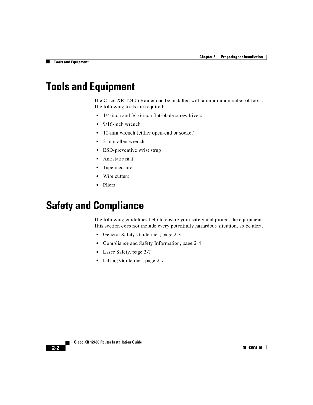 Cisco Systems XR 12406 manual Tools and Equipment, Safety and Compliance 